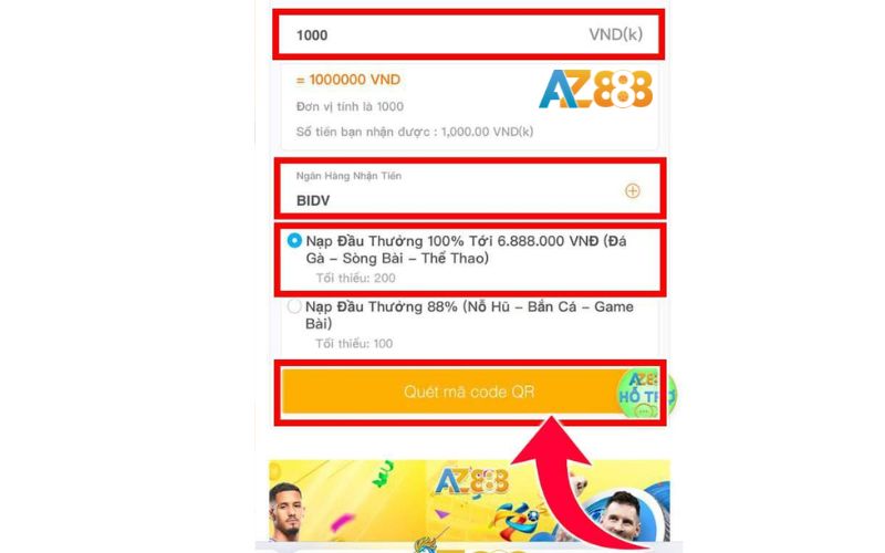 Điền thông tin số tiền nạp và quét mã code QR